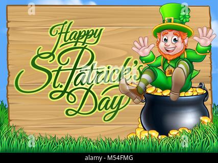 Il giorno di San Patrizio Leprechaun e pentola d'oro segno Illustrazione Vettoriale