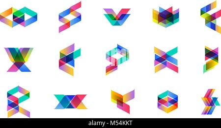 Set di geometriche minime forme multicolore. Trendy hipster icone e logotipi. Segni aziendali simboli, etichette, scudetti, cornici e bordi Illustrazione Vettoriale