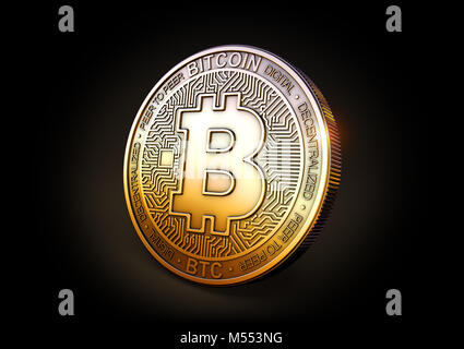 Bitcoin - Cryptocurrency moneta su sfondo nero. Il rendering 3D, Foto Stock