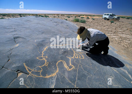 Algeria. Tamanrasset. Tassili du Hoggar. Deserto del Sahara. Scultura preistorica di rinoceronte, rinoceronte. La sabbia nelle linee rende il design più chiaro. Donna, turista Foto Stock