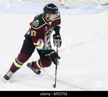 Moline, Iowa, USA. 18 Febbraio, 2018. Quad-City Mallard Tristan Re, Domenica, 18 febbraio 2018, durante il primo periodo di azione contro Toledo presso il Centro TaxSlayer di Moline. Credito: John Schultz/Quad-City volte/ZUMA filo/Alamy Live News Foto Stock