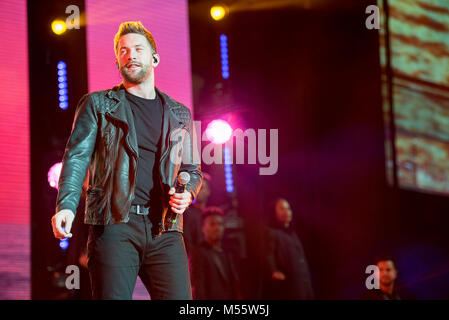 Manchester, Regno Unito. Xx Febbraio 2018. Matt Lino eseguire sull'apertura notturna del Regno Unito del 2018 X Factor Live tour all'Arena di Manchester 20/02/2018 Credit: Gary Mather/Alamy Live News Foto Stock