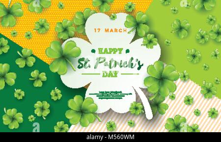 Illustrazione Vettoriale di Felice Saint Patricks giorno con verde trifoglio caduta su sfondo astratto. Birra irlandese Festival Celebrazione del design di vacanza con la tipografia e Shamrock per biglietto di auguri, invito alla festa o banner promozionali. Illustrazione Vettoriale