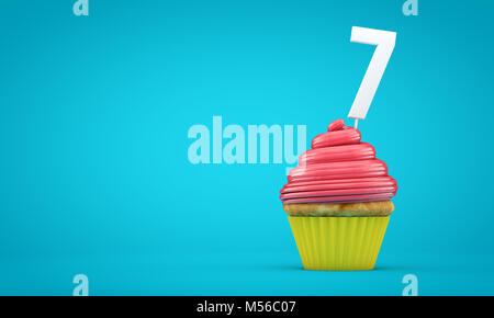 Numero 7 festa di compleanno cupcake. Il rendering 3D Foto Stock