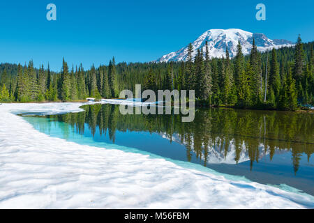 La riflessione sul lago e Monte Rainier presso il Parco Nazionale del Monte Rainier, nello Stato di Washington, USA Foto Stock