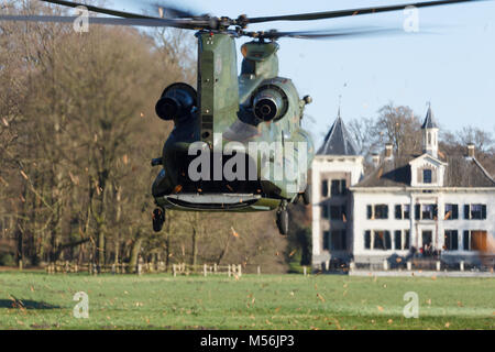 Olst Feb 7 2018: Amry e Air Force elicottero esercizio. La Chinook sbarco di soldati di caduta Foto Stock