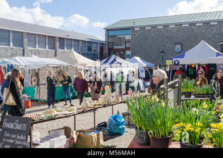 Il mercato del sabato in piazza del mercato nel Devon città di Totnes Foto Stock