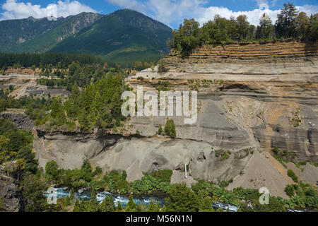 Fiume Truful-Truful in esecuzione attraverso una profonda gola con colorate erose scogliere in Conguillio Parco Nazionale nella regione Araucania del Cile Foto Stock