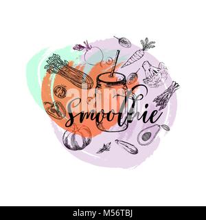 Set di disegnato a mano stile sketch smoothie con verdure. Vettore isolato illustrazione. Illustrazione Vettoriale