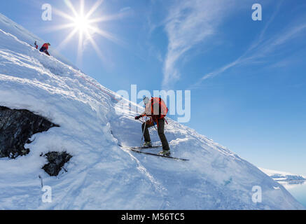 Sci alpino alpinisti belayed sulla corda per sci discesa ripida pendenza; Nansen isola; Antartide Foto Stock