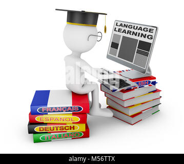 Uomo seduto sui dizionari studiando una lingua straniera su un computer. 3D rendering con percorso di clipping. Foto Stock