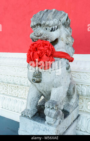 Tradizionale statua di pietra di un tutore cinese lion (femmina), indossando un grande arco rosso attorno al collo per festeggiare il nuovo anno cinese, pubblicato nella parte anteriore Foto Stock