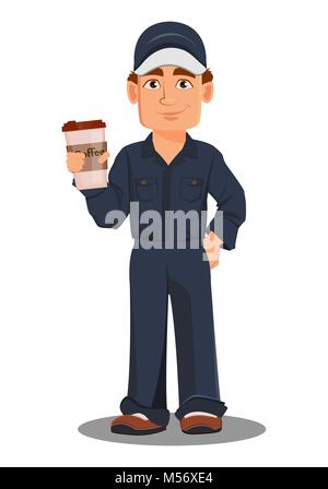 Professional meccanico automatico in uniforme. Sorridente personaggio dei fumetti holding tazza di caffè. Servizio esperto lavoratore. Illustrazione Vettoriale Illustrazione Vettoriale
