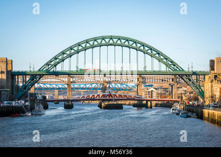 Newcastle upon Tyne, vista di cinque ponti che attraversano il fiume Tyne nel centro di Newcastle, Tyne and Wear, England, Regno Unito Foto Stock