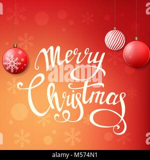 Buon Natale biglietto di auguri con albero di Natale giocattoli e disegnati a mano scritte. Illustrazione Vettoriale sullo splendido sfondo caldo Illustrazione Vettoriale