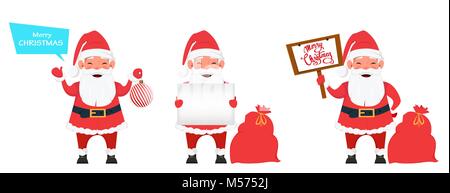 Auguriamo a tutti un Buon Natale e un felice anno nuovo bigliettino. Set di sorridente Santa Claus, tre pose. Divertente personaggio dei fumetti. Illustrazione Vettoriale su bianco bac Illustrazione Vettoriale