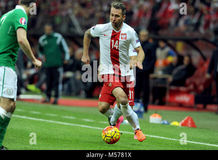 Varsavia, Polonia - 11 ottobre 2015: EURO 2016 Campionato Europeo Qualifing Round Francia Polonia - Repubblica di Irlanda o/p Jakub Wawrzyniak Foto Stock