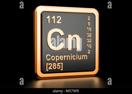 Copernicium Cn, elemento chimico. 3D rendering isolati su sfondo nero Foto Stock
