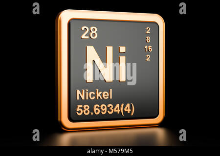 Nickel Ni, elemento chimico. 3D rendering isolati su sfondo nero Foto Stock