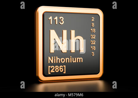 Nihonium Nh, elemento chimico. 3D rendering isolati su sfondo nero Foto Stock