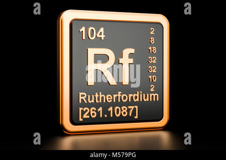 Rutherfordio Rf, elemento chimico. 3D rendering isolati su sfondo nero Foto Stock