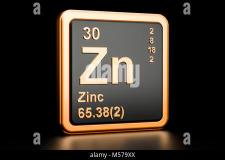 Zinco Zn, elemento chimico. 3D rendering isolati su sfondo nero Foto Stock