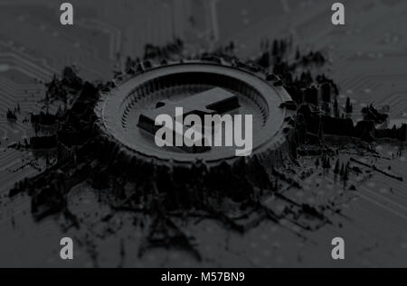 Una microscopica concetto nero scheda di circuito che rivela un estratto frastagliate sostanza nera che si forma in un fisico cryptocurrency litecoin simbolo - 3 Foto Stock