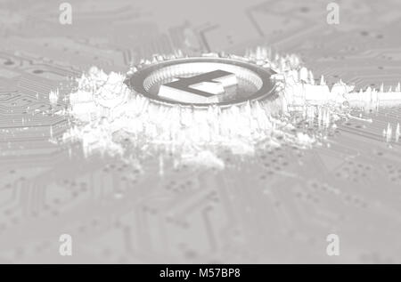 Una microscopica concetto negativo della scheda di circuito che rivela una minata sostanza frastagliate che si forma in un fisico cryptocurrency litecoin simbolo - 3D r Foto Stock