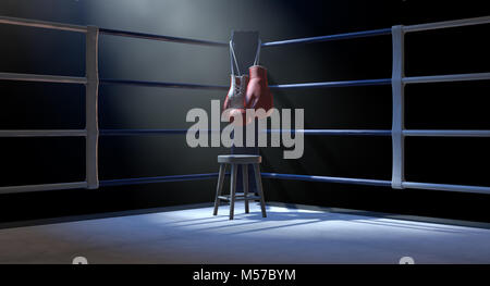 L'angolo blu di un anello di inscatolamento con guanti appeso su un palo spotlit isolato su un sfondo scuro - 3D render Foto Stock