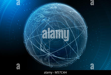 La terra circondata da swishing orbitante sentieri di luce su uno sfondo scuro con sovrapposto un dati tecnici interfaccia anlysis - 3D render Foto Stock