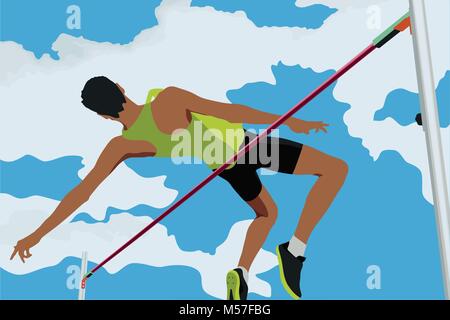 Atleta jumping salto in alto sullo sfondo del cielo blu e nuvole Illustrazione Vettoriale