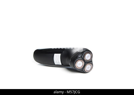Rasoio elettrico closeup su sfondo bianco. Foto Stock