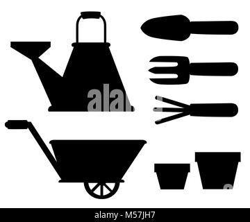 Set di silhouette nera oggetti per giardino ferro annaffiatoio pala fioriere rastrello su sfondo bianco illustrazione vettoriale pagina del sito web e mobile Illustrazione Vettoriale