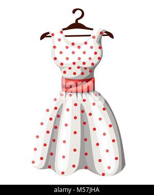 Polka Dot dress abito bianco in rosso punteggiato di nastro rosso appeso su appendiabiti in legno illustrazione vettoriale isolati su sfondo bianco sito web pagina e mo Illustrazione Vettoriale