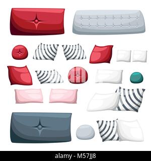 Set di diversi cuscini decorativi multi-cuscino colorato per la decorazione degli interni poltrone su sfondo bianco illustrazione vettoriale sito web page Illustrazione Vettoriale