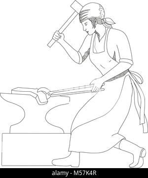Doodle arte illustrazione di una femmina di fabbro o metalsmith forgiatura servendosi di un martello e di un azienda di acciaio con pinza su incudine fatto nel mandala s Illustrazione Vettoriale