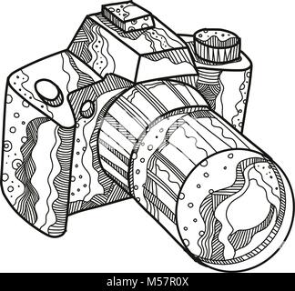 Doodle arte illustrazione di una fotocamera reflex digitale, reflex digitale o digitale reflex a obiettivo singolo fatto della telecamera in stile mandala. Illustrazione Vettoriale