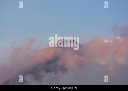 La punta ed il creatore del monte Mayon sull'isola di Luzon nelle Filippine circondato da nuvole e lite da il sole del mattino. Foto Stock