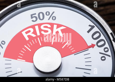 Vista dettagliata del rischio di testo con numeri e segni di percentuale sul manometro misuratore Foto Stock