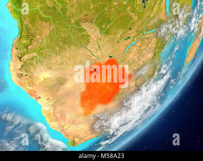 Vista satellitare del Botswana evidenziata in rosso sul pianeta Terra con le nuvole. 3D'illustrazione. Gli elementi di questa immagine fornita dalla NASA. Foto Stock