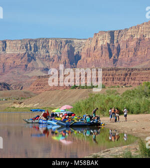 Parco Nazionale del Grand Canyon di fecce traghetto rampa di lancio . (4239 x 4467) Lees Ferry è il solo posto all'interno di Glen Canyon dove i visitatori possono guidare il Fiume Colorado in oltre 700 miglia di Canyon Country, diritto fino al primo rapido nel Parco Nazionale del Grand Canyon. Qui, avventuroso river runner lanciare i loro battelli per gite lungo il canyon. La rampa di lancio è una raffica di attività ogni giorno con armamento sia commerciale e non commerciale di gite sul fiume. In mattinata i barcaioli si incontrano con le fecce ranger del traghetto per loro pre-trip check in per ottenere un rapido avvio al loro primo giorno sul fiume. Server dei criteri di rete Foto Stock