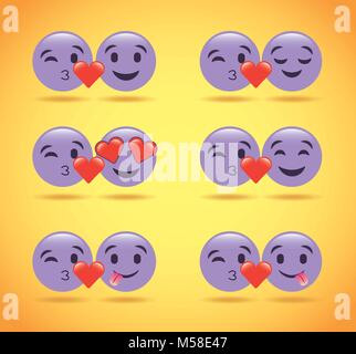 Set di viola smile emoticon amore cuori carino Illustrazione Vettoriale