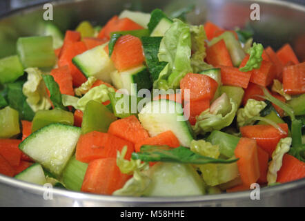 Fresche verdure organiche set, minestrone ingredienti in una pentola: carote, broccoli, sedano, peperoni, zucchine zucchine, cavolo, barbabietole. Vegetaria Foto Stock