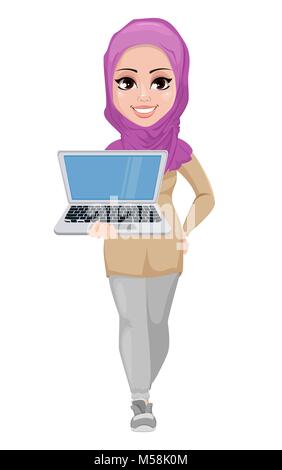 Arabo business donna sorridente personaggio dei fumetti. Bella giovane imprenditrice musulmana in abiti casual holding portatile. Vettore di stock Illustrazione Vettoriale