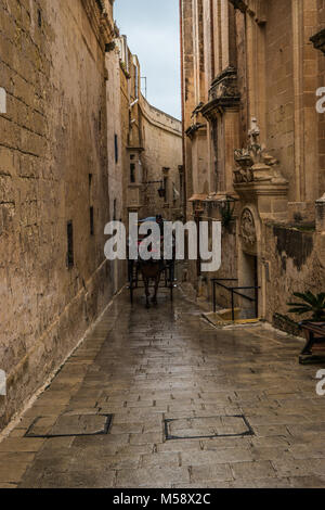 Le strade strette e alte mura di Mdina, Malta, l'Europa. 02/09/2018. Foto Stock