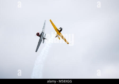 Due Harvard North American A-6 texano di aerei in mostra le loro competenze in un'esibizione aerea a Kjeller aeroporto, Norvegia. Foto Stock