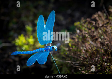 Modello ornamentale di una libellula blu su un filo con sbattimenti si avvolge in un giardino interno Foto Stock