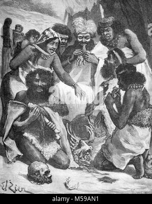 Gli Aborigeni Australiani indigeni o aborigeni raffigurato come cannibali nel Queensland Australia (incisione, 1889) Foto Stock