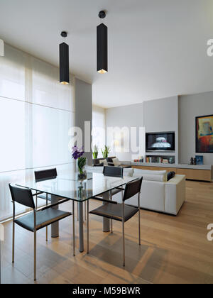 Scatti di interni di una moderna sala da pranzo, in primo piano il vetro tavolo da pranzo con sedie in pelle il legno è fatta di legno Foto Stock