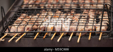 Gli spiedini di carne souvlaki sul barbecue. Le carni tradizionali su spiedino la cottura sul carbone. Close up, banner, vista frontale con i dettagli. Foto Stock